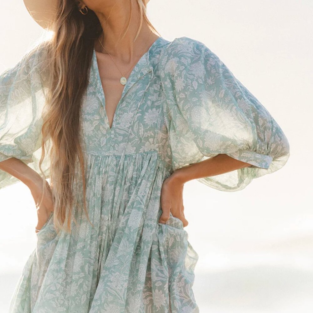 Daughters of India Kyra Midi Dress Small Jade Green Floral Peasant Dress